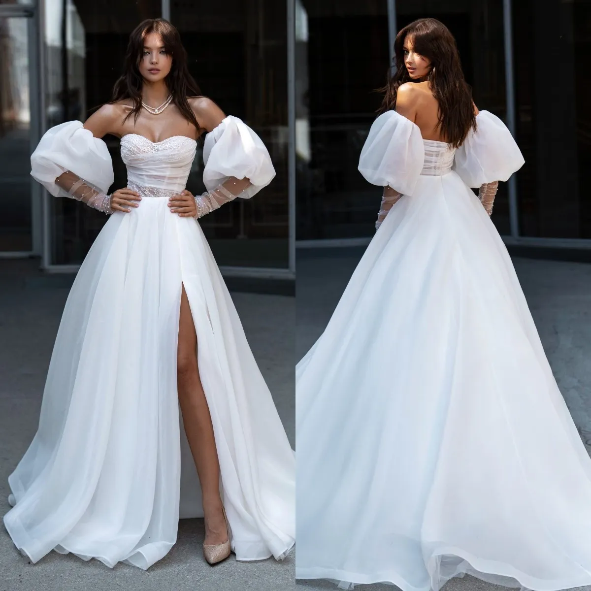 Sexy A Line Wedding Dresses Puffy Sleeves Pearls Sweetheart Wedding Dress Slit Long designer bridal gowns sweep train