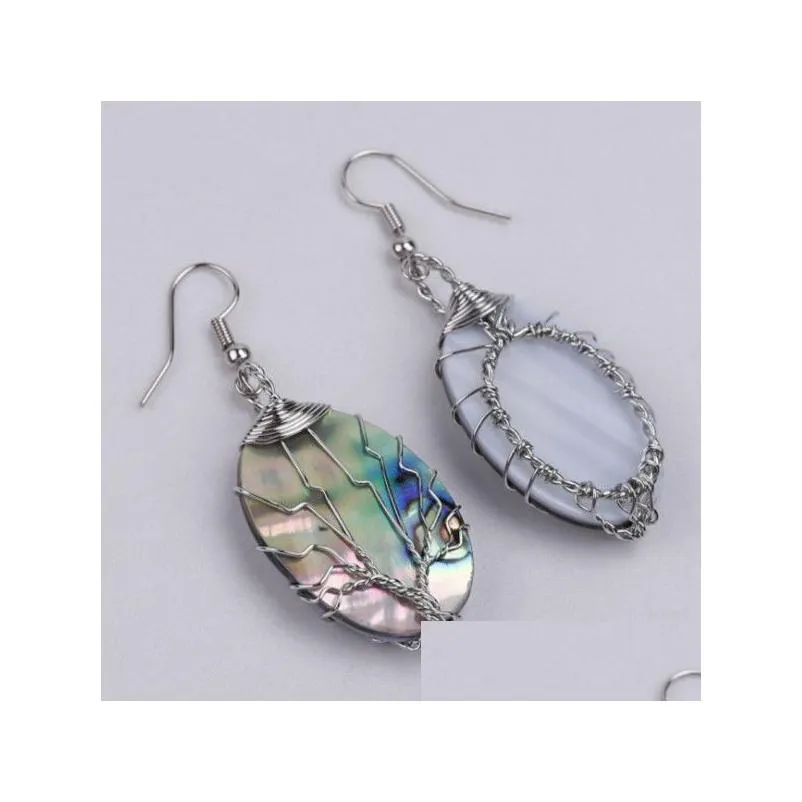 Pendente Lustre Árvore da Vida Brinco Fio de Siery Enrolado Oval Abalone Paua Shell Cabochão Orgânico 5 Pares Drop Delivery Jóias Ea Dhlt3