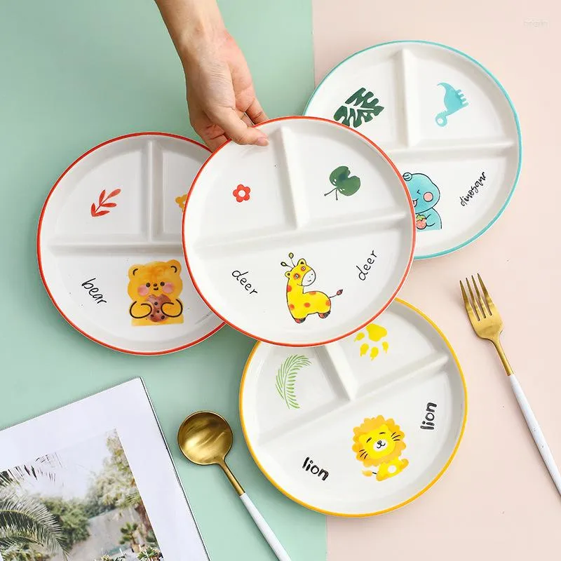 Assiettes Vaisselle pour enfants Assiette de grille en céramique de dessin animé pour une personne Diviseur de petit déjeuner Plat de service