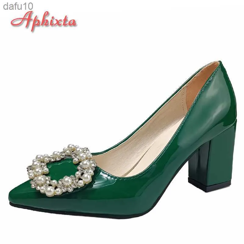 Aphixta New Dark Green Pearl Buckle Patent Leather Women's Pumps 7cm Square Heel Officile Pointed Toe Shoes Super Big Size 49 50 L230704