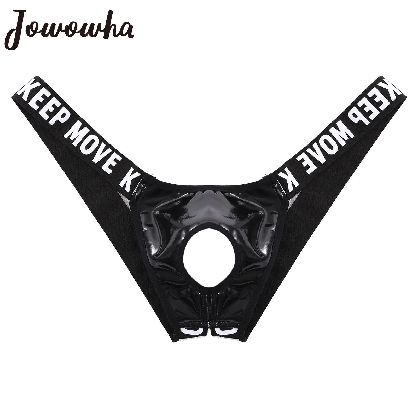 Slips Culottes Hommes Sexy En Cuir Verni Lingerie Évider Bulge Pouch Culotte En Latex Jockstrap T-Back Lettre Imprimer Ceinture Strings Sous-Vêtements 230710