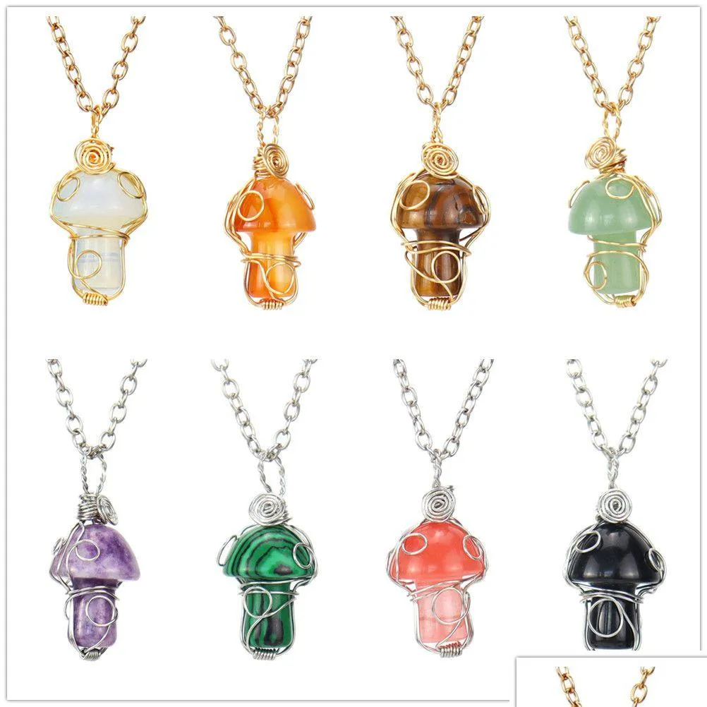 Pendentif Colliers Pierre Naturelle À La Main Fil Enroulé Guérison Champignon Cristal Collier Pour Femmes Hommes Drop Delivery Bijoux Pendentifs Dhlpc