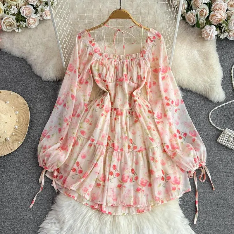 Casual Dresses Clothland Women Elegant Floral Mini Dress Square Collar Long Sleeve A Line Zipper Chiffon Summer Chic Vestido QB874