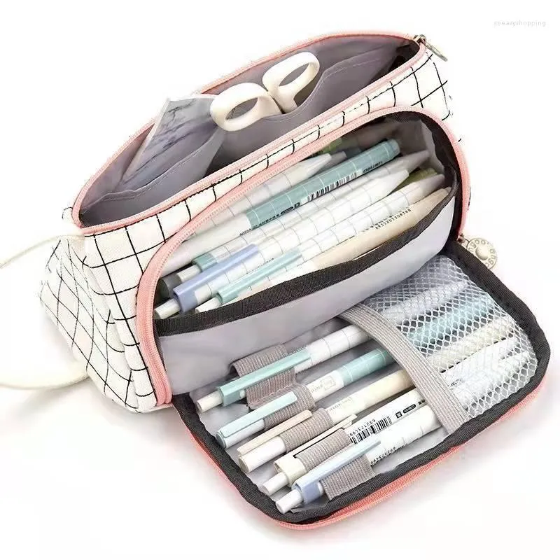 Stationary Pen Storage Bag Pencil Multi Layer Large Capacity Cosmetic Travel Simple Plaid Kids Case