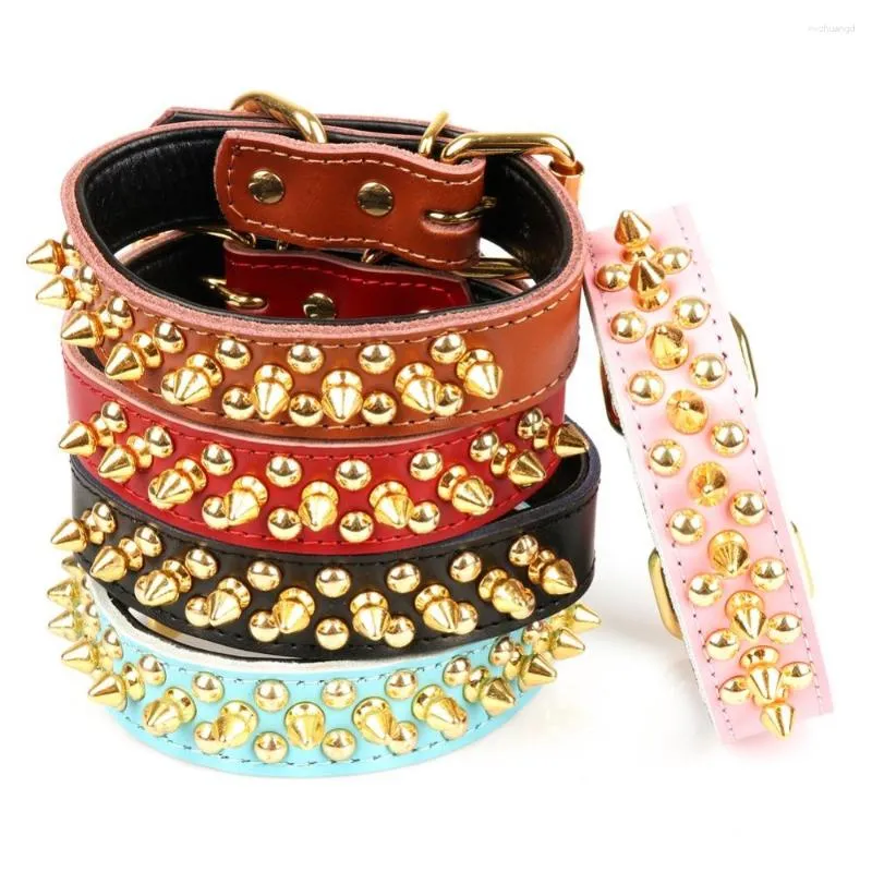 Collari per cani Pura pelle bovina Cani Rivetto a spillo retrattile in pelle per animali domestici Collare per collana Forniture Accessori Halsband Hond