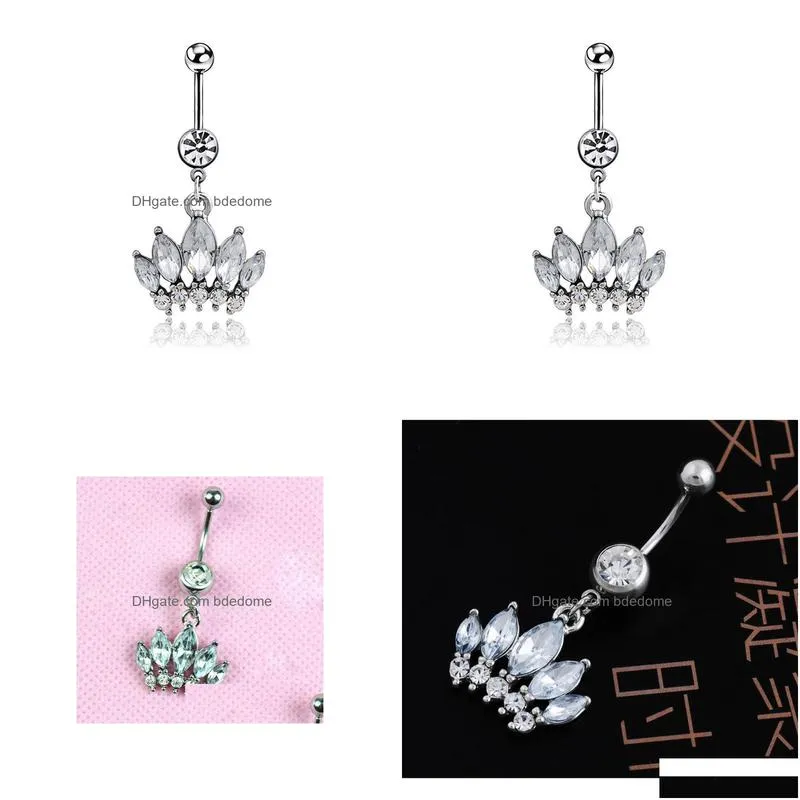 Navel Ringar Ringar Piercing För Kvinnor Zirkon Blomma Krona Kirurgiskt Stål Sommar Strand Mode Kroppssmycken Sier Färg Drop Del Dhdtj