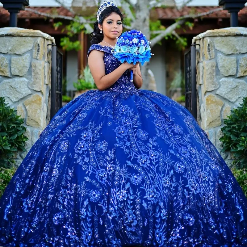 Navy Blue Shiny Sexy V-Neck Sweet 16 Quinceanera Dresses Sequins Lace Applique Ball Gown Vestido De 15 Anos Lace-Up