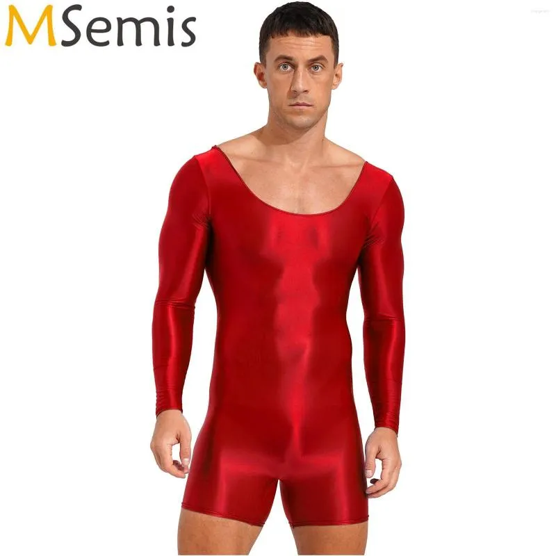 Damen-Bademode, einteiliger Mankini-Badeanzug für Herren, Oilly Glossy Langarm-Overall mit rundem Ausschnitt, Body, schmale Passform