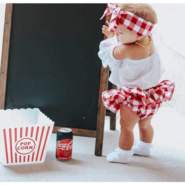 Clothing Sets Cute Born Baby Girl Clothes Off Shoulder Pullover Short Sleeve Tops Bow Plaid Headband Geometry Ruffle Shorts 3pc Kids Outfit