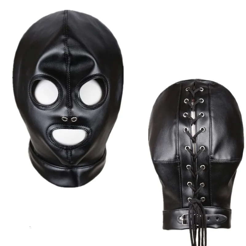 Cappuccio imbottito in pelle SM per adulti Benda per imbracatura per la testa Maschera BDSM Bocca aperta Bondage per occhi Giocattoli sessuali per_voghion.com