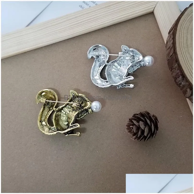 squirrel pearl crystal brooches pin for women fashion dress coat shirt demin metal brooch pins badges birthday promotion gift