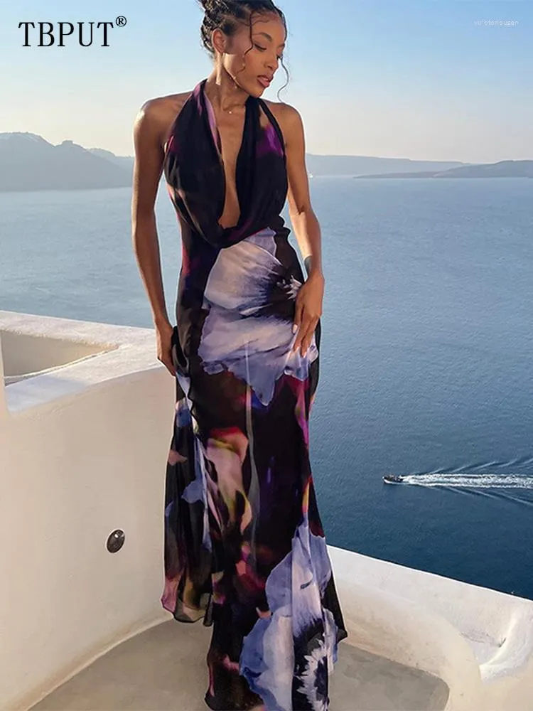 Casual Jurken Sexy Print Backless Maxi Jurk Vrouwen Mode Sjaal Kraag Halter Longuette Zomer Chic Vrouwelijke Strandvakantie