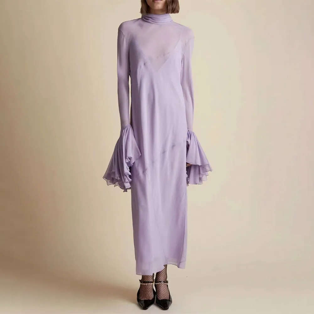 Basic Casual Dresses spring and summer pile collar flared long-sleeved French tea break sexy temperament long dresses women 230710