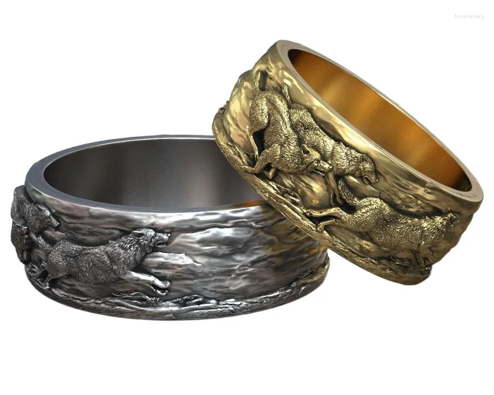 Cluster Rings 9.1g Wolf Ring Running Wolves Wedding Band Gold Art Relief 925 Solid Sterling Silver