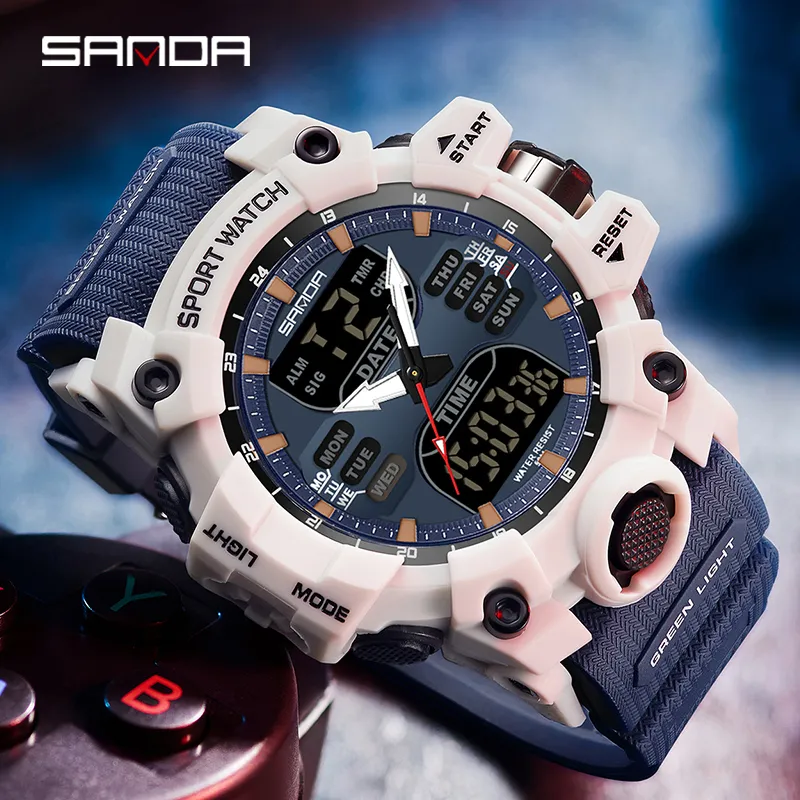 SANDA 6126 luksusowej marki męskie zegarki 50M wodoodporny sportowy zegarek wojskowy cyfrowy zegarek kwarcowy dla mężczyzn Relogio Masculino