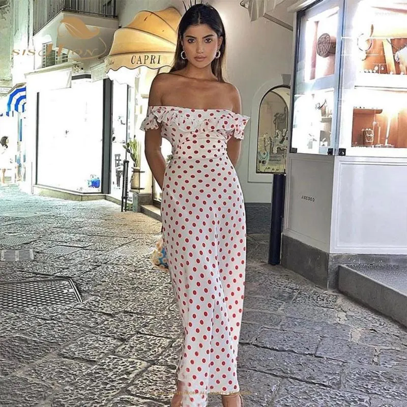 Vestidos casuales Mujeres Red Polka Dot Summer Backless Sexy Dress Coreano Elegante Lace Up Túnica Bohemia Beach Long Femme SR0078