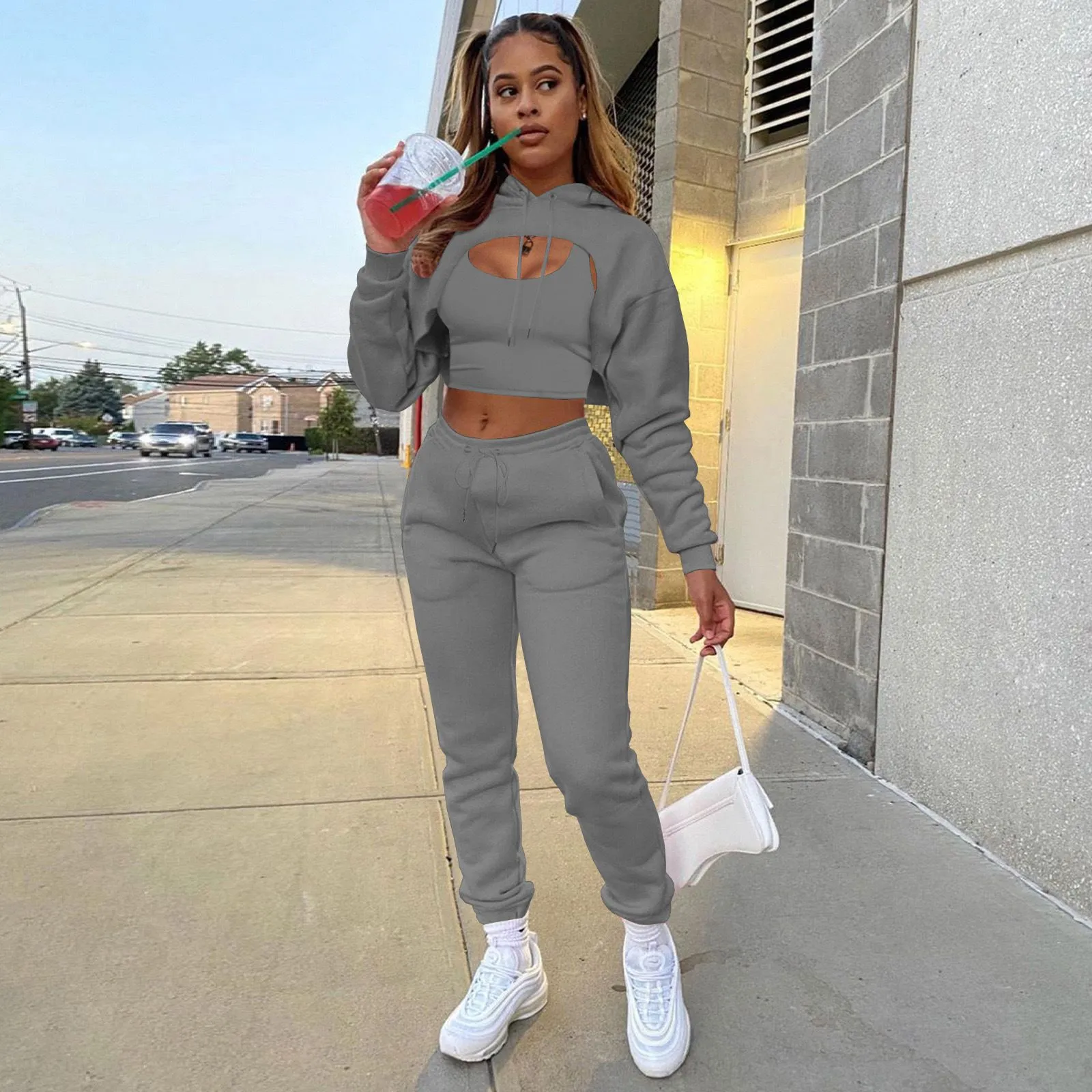 Classy Winter Tracksuit Set For Women Fleece Hollow Out Cropped Hoodie And  Cotton Vest Jogging Pants From Wumartstore888, $22.98