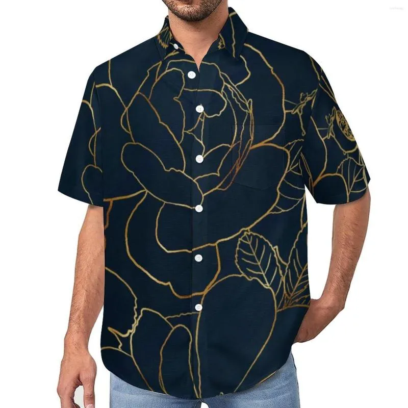 Camisas casuais masculinas elegantes camisa rosas douradas estampa floral praia solto havaiano blusas Harajuku mangas curtas blusa tamanho grande personalizada