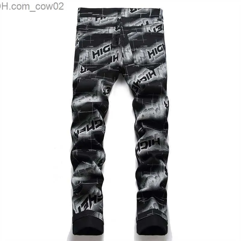 Męskie dżinsy Drukowane czarne dżinsy męskie Homme odzież uliczna Spodnie jeansowe trend marka męskie spodnie dorywczo solidne rowerowe wąskie dżinsy męskie wygodne dżinsy Z230711