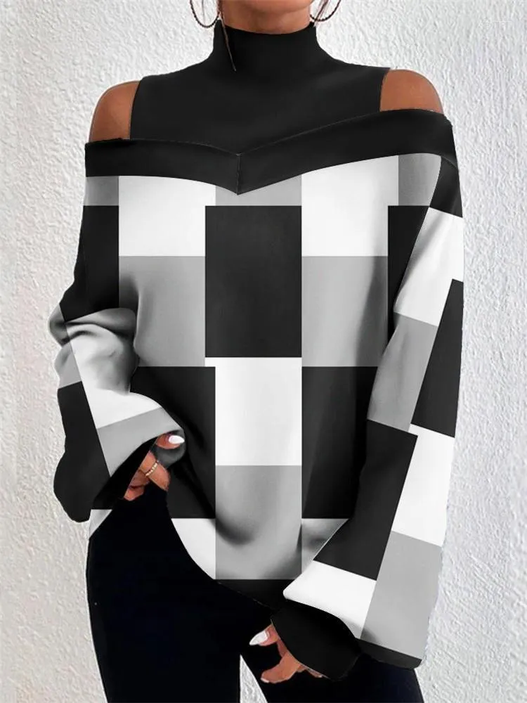 Women's Hoodies 2023 Geometric Print Cold Shoulder Lantern Sleeve Top Ropa De Invierno Para Mujer Con Envio Gratis Winter Clothes Women