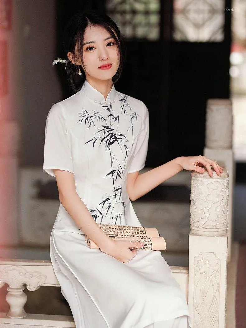 Ethnic Clothing Sexy Bamboo Printed Satin Long Style Aodai Qipao Fashion Vintage Women Girls Short Sleeve Cheongsam Dress