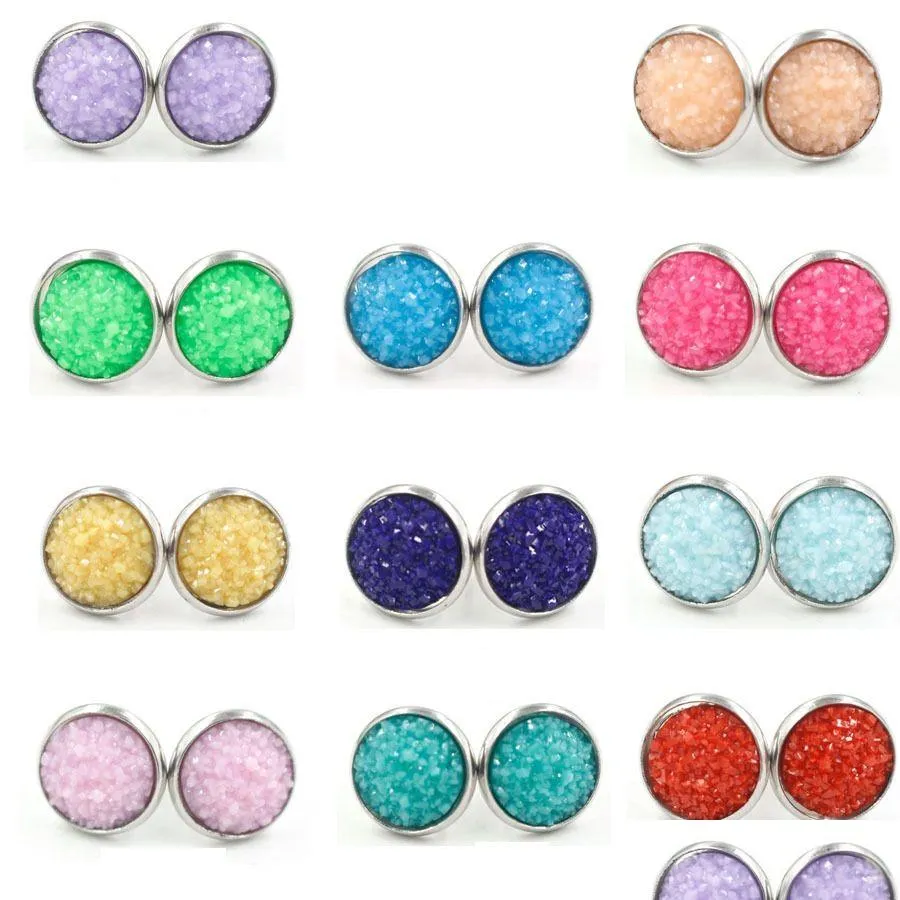 Stud Fashion Acciaio inossidabile Round 12Mm Resina Druzy Drusy Orecchini fatti a mano per le donne Jewelry0 Drop Delivery Jewelry Dhqmt