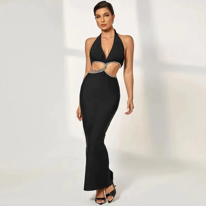 Casual Dresses 2023 Summer Black Rayon Bandage Women Sexy Halter Off The Shoulder Bodycon Long Dress Vacation Celebrate Nightclub Outfit