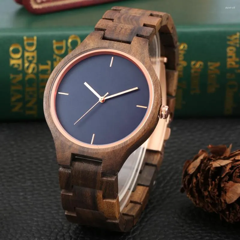 Wristwatches Retro Walnut Men's Watch Full Wood Watches For Men Simple No Word Blue Dial Clock Wooden Band Quartz Relojes Hombre