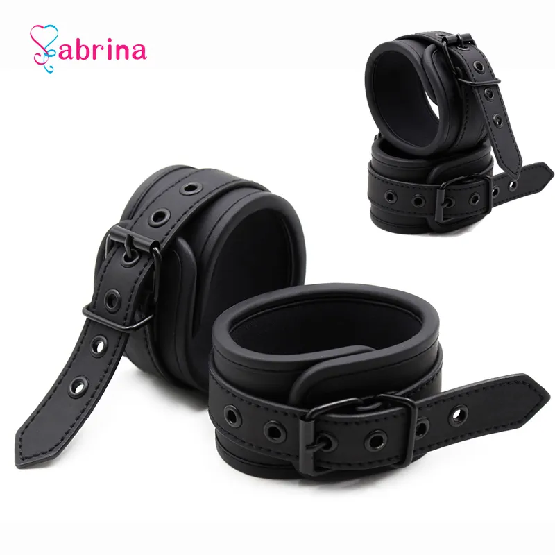Fetish Sexy BDSM and Ankle Cuff Black Leather Handcuff Sex Toy for Couple Game Metal Bondage_voghion.com