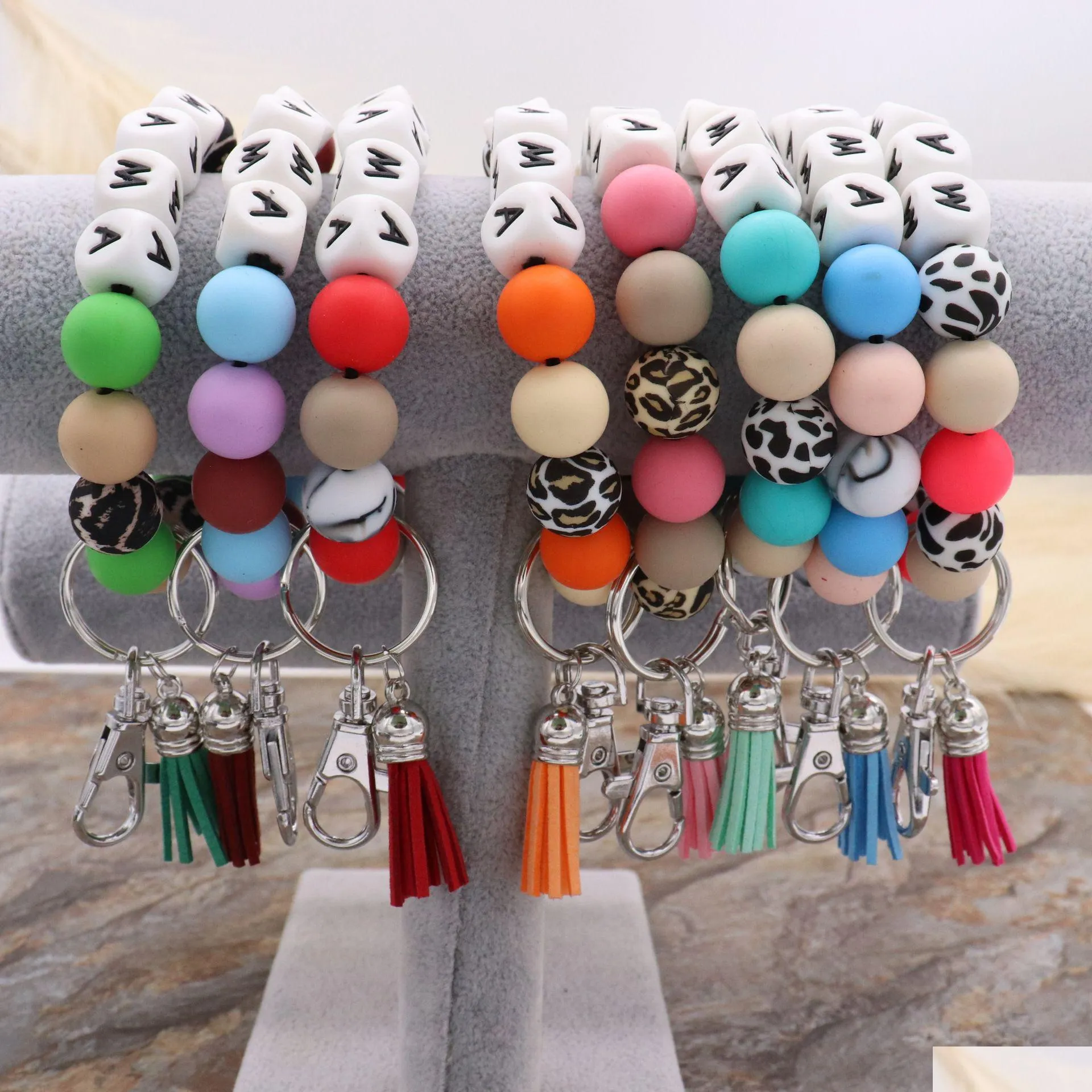 Key Rings Foreign Trade Food Grade Sile Letter Beads Bracelet Keychain Blank Disc Tassel Pendant Ring Female Mti-Color Optional Drop Dhtsx