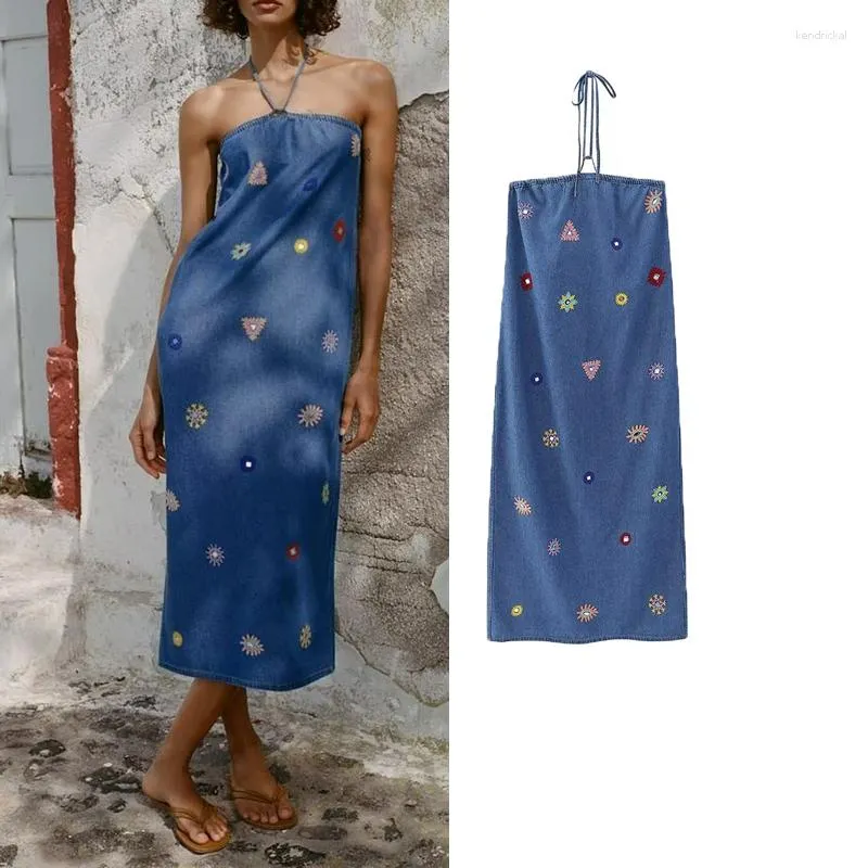 Casual Dresses Embroidery Denim Dress Woman Slip Halter Long Women Sexy Backless Midi For 2023 Summer Beach