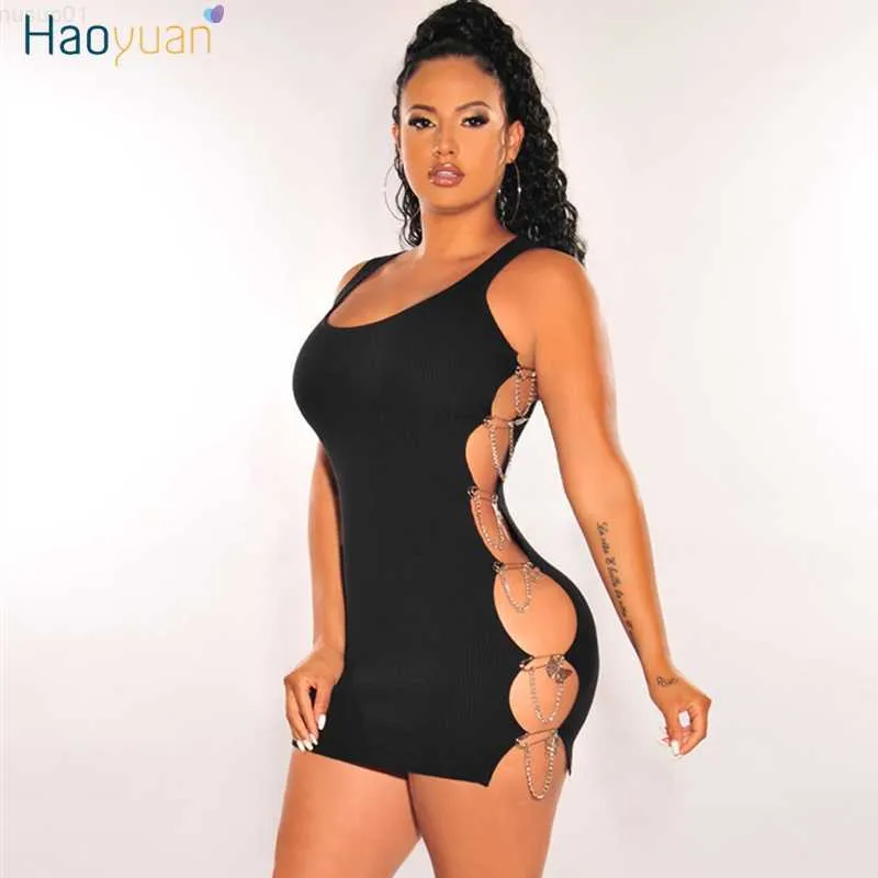 Urban sexiga klänningar HAOYUAN Sexiga sido metall Butterfly Chain Hollow Night Party Dress Club Födelsedagskläder för kvinnor Ribbstickade Bodycon Miniklänningar L230711