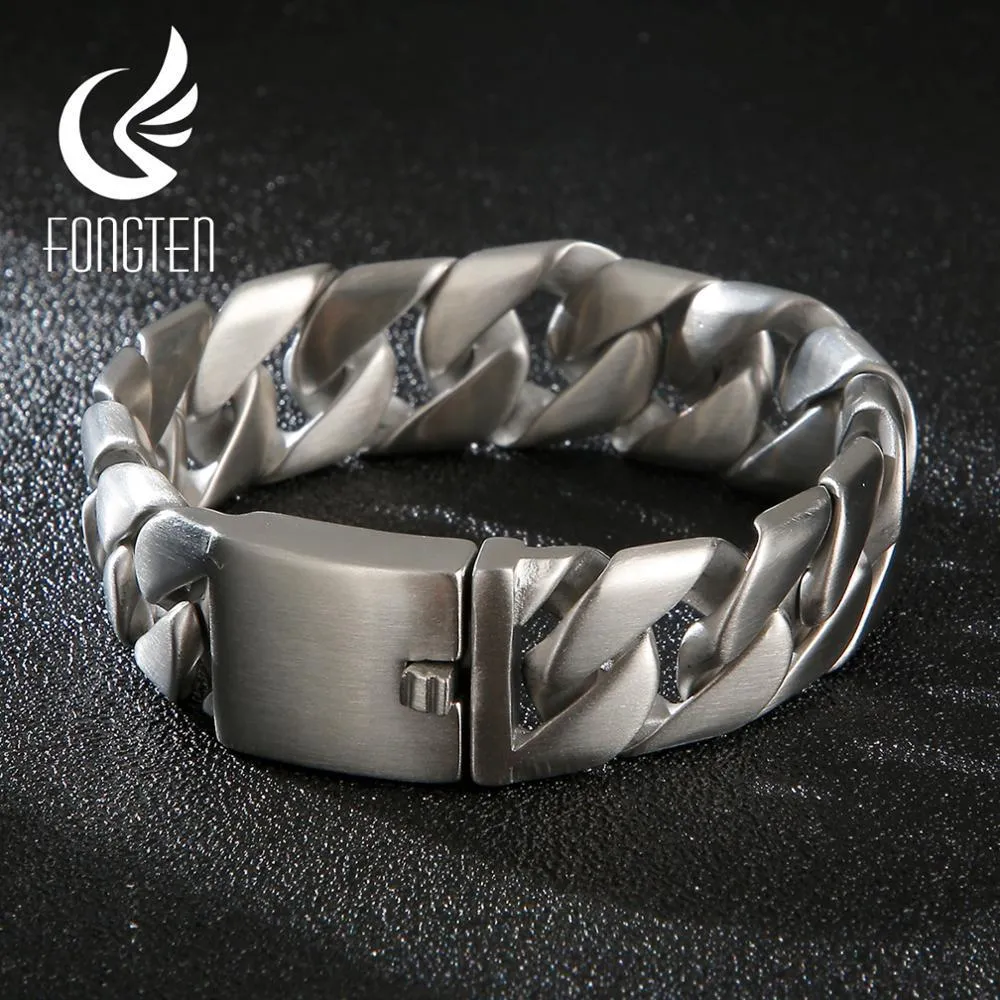 Chaîne Fongten Gourmette Cubaine Lien de Manchette Bracelet pour Hommes Mat Acier Inoxydable Punk Brassard Lourd Bracelets Bracelet Accessoires 230710