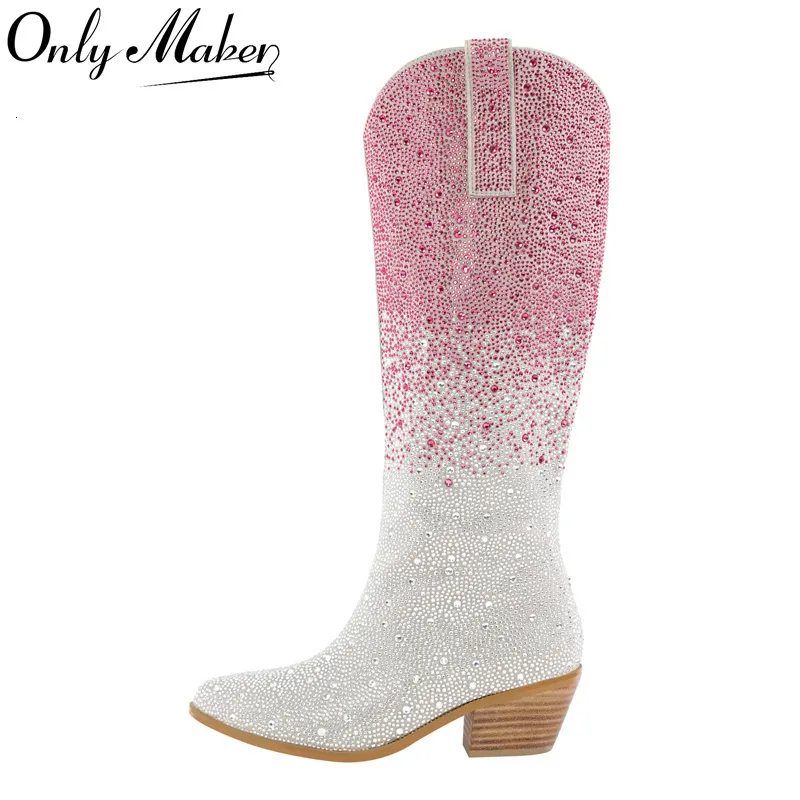 Stövlar Onlymaker Kvinnor med spetsad tå Knähöga Western Cowgirl-stövlar Glitter Bling Shiny Block Heel Lady Boots 230711