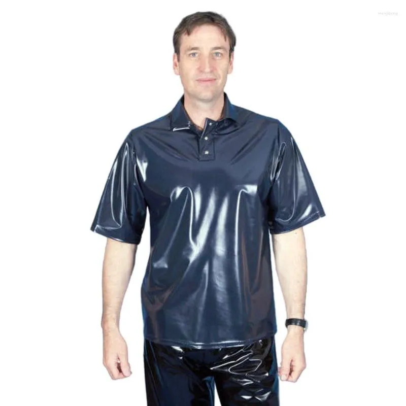 T-shirts pour hommes T-shirt en PVC pour homme Look mouillé T-shirt Gilet Maillot de corps extensible Latex Clubwear Col rabattu Bouton Costume de scène Décontracté Haut ample