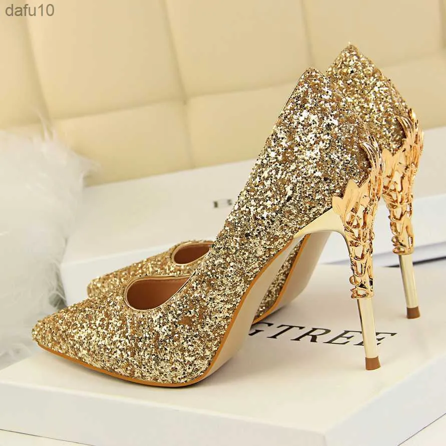 2023 Mulheres 10cm Salto Alto Fetish Pumps Lady Glitter Metal Escultura Casamento Salto Noiva Bling Design Luxo Scarpins Sapatos Festa L230704