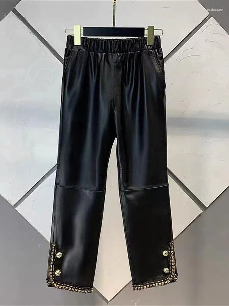 Pantalon femme en cuir véritable taille haute chaînes couture véritable mouton femme était mince avec poches Wy952