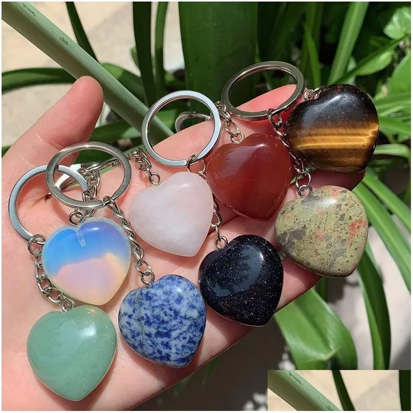 Key Rings Natural Stone Crystal Keychain Handbag Dangle Holder Big Heart Pendum Amet Real Agates Tiger Eye Opal Pink Quartz Chain Dr Dhzyv