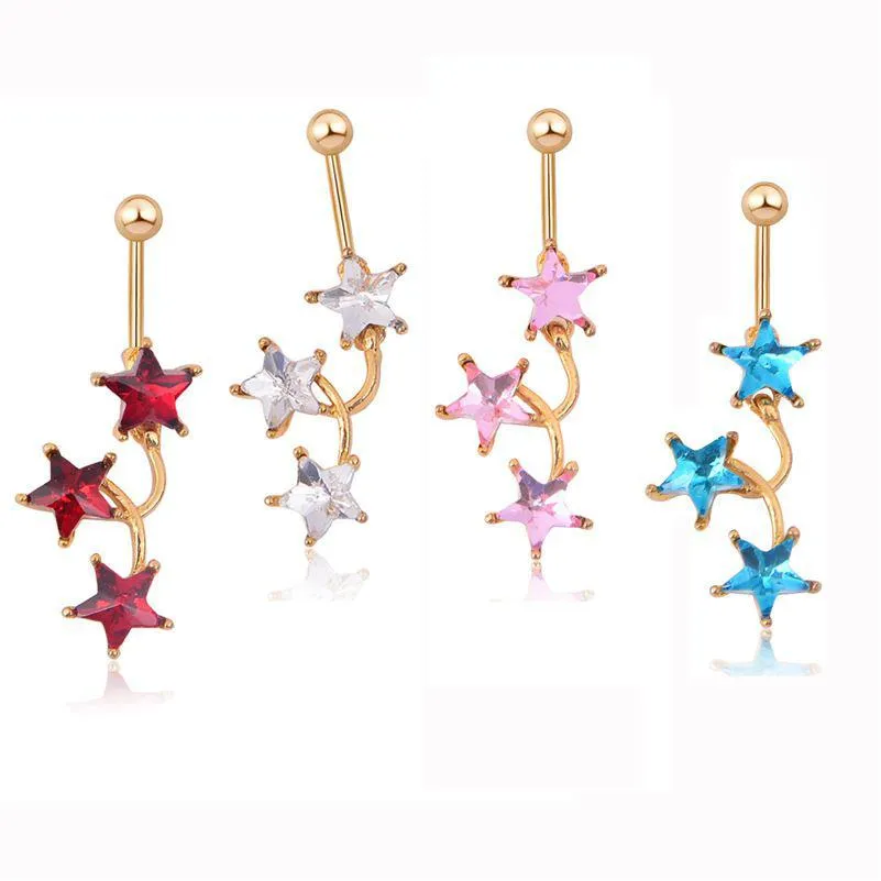 Anillos de botón de campana de ombligo Y estrella Color rojo Wasit danza del vientre cuerpo de cristal joyería de acero inoxidable Piercing de diamantes de imitación colgante para Dro Dhet1