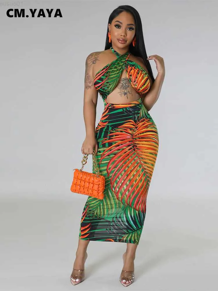 Urban Sexy Jurken CM.YAYA Dames Beach Leaf Print Halter Cross Neck Backless Maxi Lange Jurk 2023 Fashion Club Avond Sexy Feestjurken Vestidos L230711