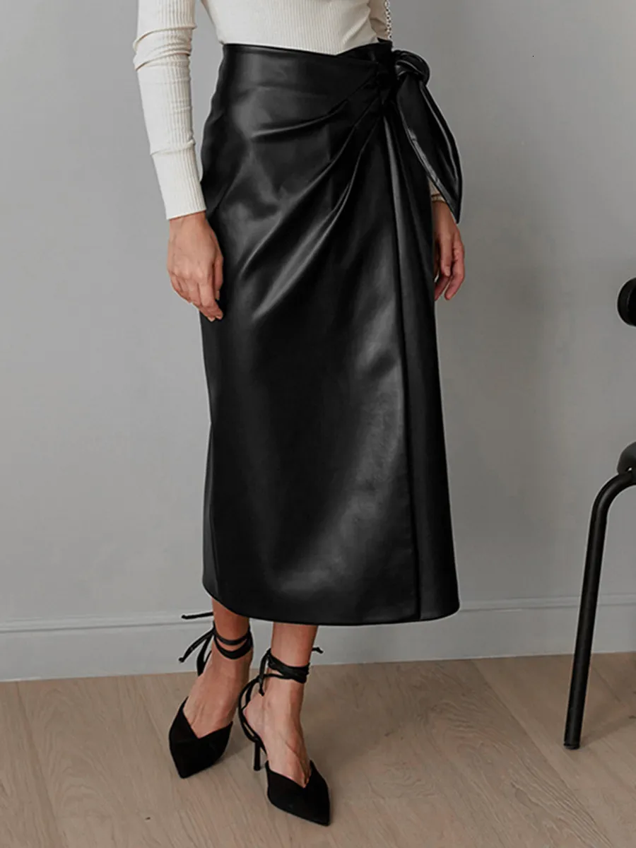 DHgate Faux Leather Jumpsuit for Women Elegant Black Bow Tie Skirt Perfect Office Lady Attire for Autumn Winter Apparel