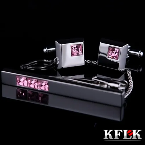 Cuff Links KFLK Jewelry links necktie clip High Quality tie pin for mens Pink Crystal bars cufflinks set guests 230710