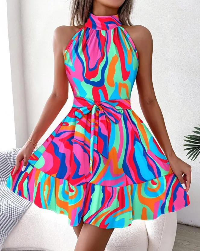 Casual Dresses Abstract Print Ruffles Dress For Woman Summer Mock Neck Sleeveless Tied Detail Design Fashion Female A Line Skirts