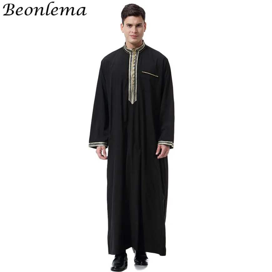Beonelama Uomo Arabia musulmana ropa Abaya Stand Collar Smooth Thobe India vestido Jubah ropa islámica para hombres 3XL Homme Robes2885