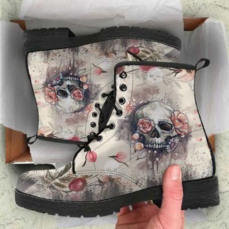 Stövlar 2022 Skull Women Ankle Boots Fashion Round Head Low Heels Shoes Woman Vintage Pu Leather Lace Up Autumn Warm Winter Snow Boots L230711