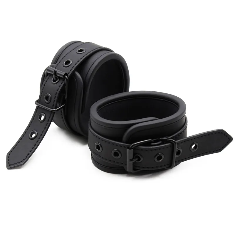 Fetish Sexy BDSM and Ankle Cuff Black Leather Handcuff Sex Toy for Couple Game Metal Bondage_voghion.com