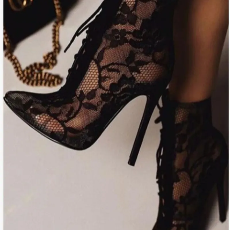 Dress Shoes Black Mature Mesh Women Boots High Heel Pumps Floral Lace Up Thin Heels Ankle Pointed Toed Party Wedding 230711