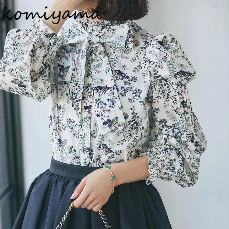 Vrouwen Blouses Japanse Elegante Bloemenprint Blusas Mujer Lace Up Boog Shirts Bubble Lange Mouwen Camisas Herfst 2023 Shirt Tops