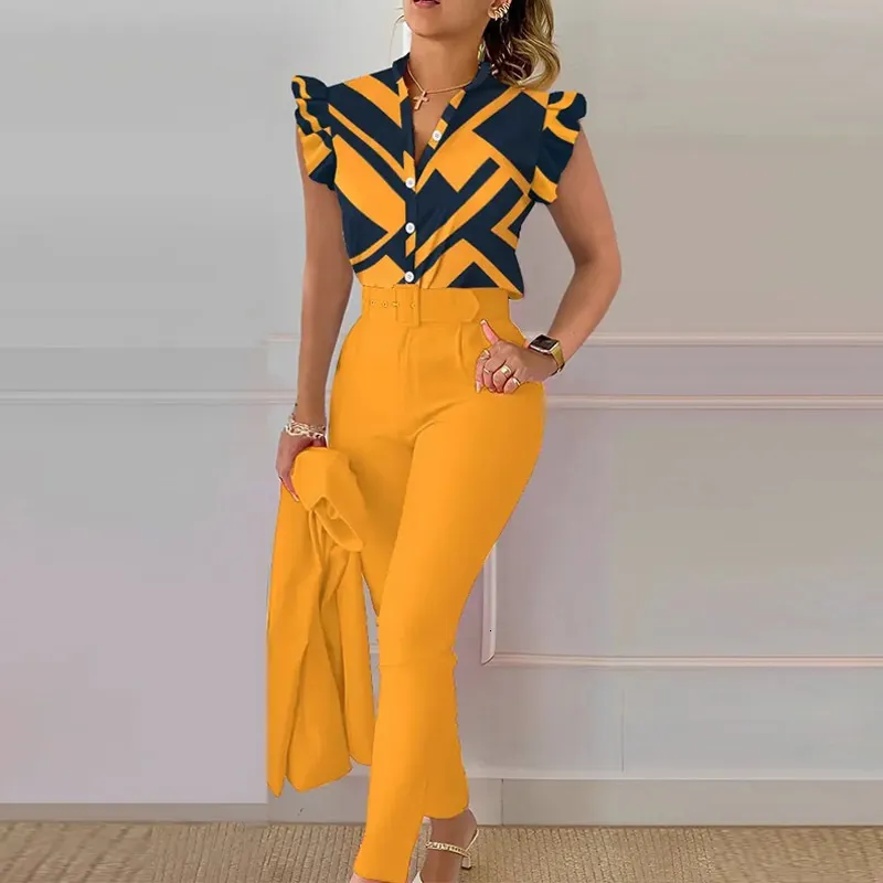 Women's Two Piece Pants Elegant V-neck ruffled sleeve top and waistband long pants office set two piece summer casual women's suit with commuting fit 230710