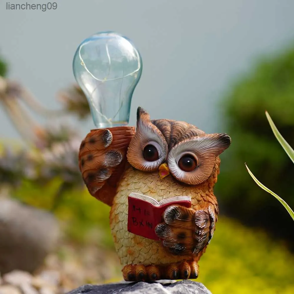 태양열이있는 Vilead Garden Statue Owl Resin 입상 동물 조각 외부 장식 안뜰 잔디밭 예술 야외 장식 L230620